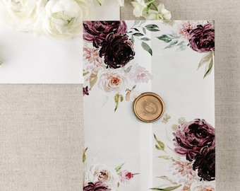 Veste en vélin florale pour faire-part de mariage, papier vélin imprimé 5 x 7 pouces, enveloppe de veste en vélin florale bordeaux, enveloppe en vélin de faire-part bricolage