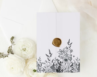Wildflower Vellum Jacket Wrap, Modern Wedding Invitation Vellum, Botanical Vellum Wrap, Floral 5x7 Black Vellum Jacket, Black Vellum