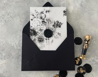 Papier d'emballage floral en vélin pour invitation 5 x 7, fleurs noir et blanc, veste en vélin de mariage floral moderne