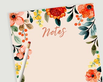 Floral Watercolor Notepad For Notes, Teacher Floral Notepad, Gifts For Her, Cute Notepads For Desk, 50 5x7 Lined or Unlined, Floral Framed
