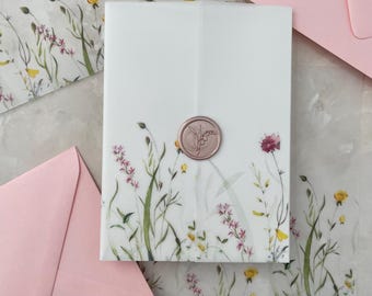 Papier d'emballage de faire-part de mariage rose fleurs sauvages, manche de veste en vélin imprimée pour faire-part à faire soi-même, papeterie de mariage floral printanier
