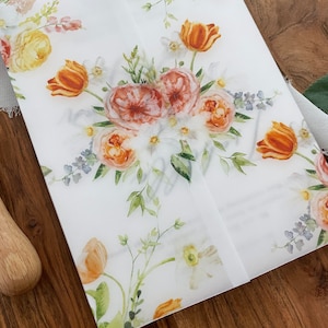Spring Floral Vellum Jacket, 5x7 Vellum Invitation, Pink and Yellow Vellum Wrap, Flower Printed Vellum Paper
