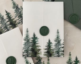 Papier d'emballage vélin forêt à feuilles persistantes (5 x 7), veste de mariage forêt, faire-part de mariage rustique