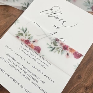 Burgundy Vellum Belly Band, 1.5 inch Vellum Invite band, Floral Vellum Belly Band, Pink Floral Vellum Wrap for Invitations image 7