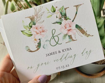 Blush Pink Floral Wedding Day Card, Personalized Custom Card for Couple, Romantic Wedding Congratulations Card