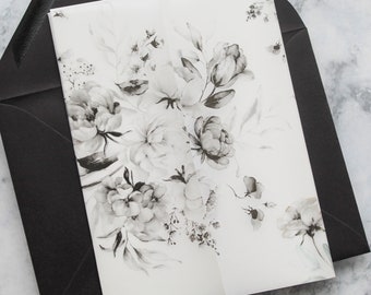 Printed Vellum Jacket for 5x7 Wedding Invitation, Black and White Floral Vellum Wrap, DIY Invitation Vellum Sleeve, Floral DIY Vellum Jacket