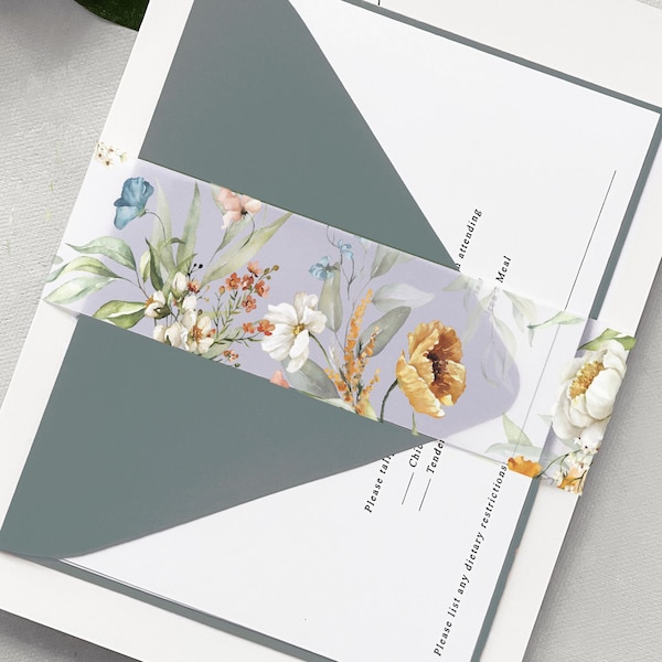 Wildflower Vellum Belly Band Invite Wrap 5x7  Wedding Invitations, Floral Printed Vellum Wrap for Invitations, DIY Invitation Band