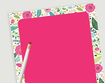 Pink Notepad Floral, Small Floral Border Notepad, Teacher Notepad Cute, Gifts For Her, Notepad For Desk, 50 5x7 Lined or Unlined, Pink Paper