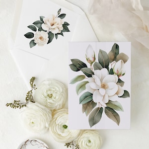 Giacca in pergamena floreale bianca vintage, pergamena stampata floreale Magnolia, involucro per invito in pergamena 5x7, elegante giacca per invito a nozze