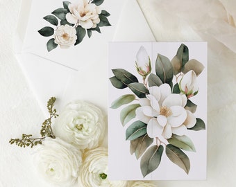 Veste vintage en vélin floral blanc, vélin à imprimé floral magnolia, papier de invitation en vélin 5 x 7, veste de faire-part de mariage élégante