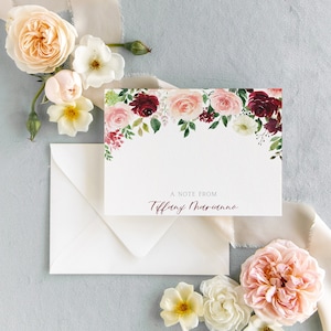 Conjunto de Notecard, tarjetas de agradecimiento, tarjeta floral de Borgoña personalizada, acuarela personalizada, tarjetas de felicitación, tarjeta Thinking Of You, conjunto de 10