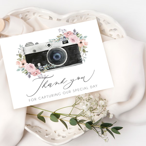 Fotograaf Floral Bedankkaart, trouwfotograaf dank u, dank u voor het vastleggen van onze speciale dag, dank u trouwfotograaf