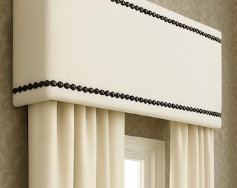 Custom White Upholstered Cornice Board with Nailhead Trim | Modern Window Pelmet Valance for Designer Decor