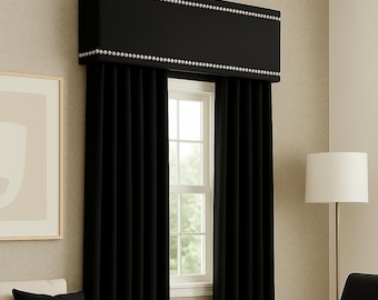Custom Cornice Board Pelmet Box Window Treatment in Black with Silver Nailhead Trim - Custom Curtain Box in Modern Black with Nail Head