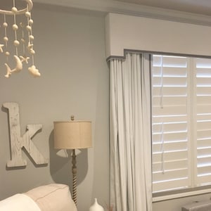 Cornice Board Nursery Valance Window Treatment | Ribbon Trimmed Valance Cornice | Gray White Nursery Window Cornices by Designer Homes