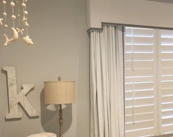 Cornice Board Nursery Valance Window Treatment | Ribbon Trimmed Valance Cornice | Gray White Nursery Window Cornices by Designer Homes
