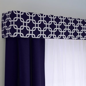 Navy Blue Geometric Cornice Board Valance Window Treatment - Custom Curtain Box Valence - Custom Cornice Valance by Designer Homes