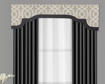 Custom Cornice Board Valance | Cornices by Designer Homes | Property Brother's Nasco Pewter Luxe Linen with Flamingo Gray Banding