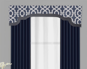 Window Cornice Board Valance | Cornices by Designer Homes | Property Brother's Nasco Sapphire Luxe Linen with Flamingo Gray Banding