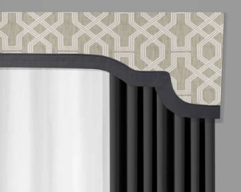 Window Pelmet Cornice Board | Cornices by Designer Homes | Property Brother's Nasco Pewter Luxe Linen with Flamingo Gray Trim