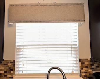 Valance Cornice Board Pelmet Box with Nail Head Window Treatment in Denton Natural Fabric - Custom Curtain Valance Box with Silver Nailhead
