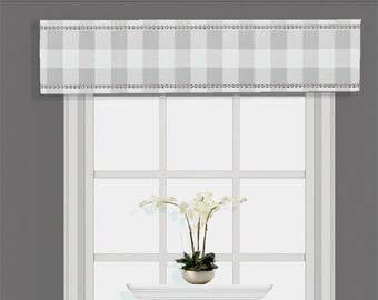 Custom Cornice Board Valance Box Window Treatment in Buffalo Check - Curtain Window Box Light Gray and White Buffalo Plaid