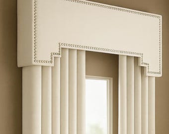 Modern Cornice Board Window Treatment – White Fabric, Nailhead Trim, Custom Size