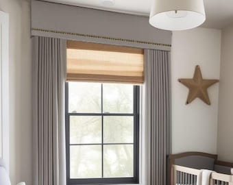 Custom Upholstered Cornice Board Window Treatment in Gray with Nailhead Trim - Custom Curtain Box in Modern Gray Fabric Nail Head Trim