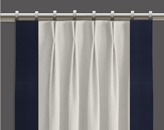 White Pinch Pleat Curtains | Navy Edge | Set of 2 Pleat Curtains | French Pinch-Pleat Drapery Panels | Window Treatments by Designer Homes