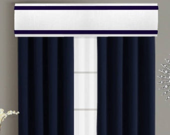Cornice Board Valance Pelmet Box Window Treatment in White with Navy Blue Ribbon Trim - Custom Curtain Topper Box Valance