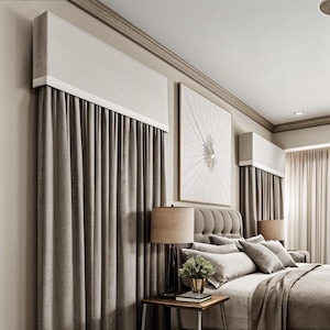 Window Cornice Board Valance Box Window Treatment in Natural Slub Linen with White Ribbon Trim - Custom Cornice Valence from Designer Homes
