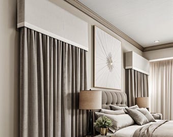 Window Cornice Board Valance Box Window Treatment in Natural Slub Linen with White Ribbon Trim - Custom Cornice Valence from Designer Homes