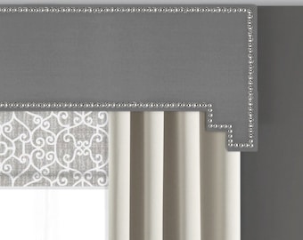 Cornice Board Pelmet Box Window Treatment in Gray Fabric with Nailhead Trim - Step Step Cornices by Designer Homes