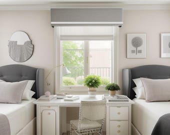 Window Cornice Board Valance Box Window Treatment in Gray with White Ribbon Trim - Custom Cornice from Designer Homes