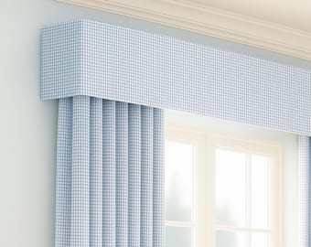 Upholstered Nursery Cornice Board | Nursery Valance Window Treatment in Light Blue Gingham Plaid by Designer Homes Baby