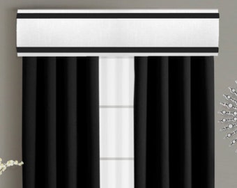 Ribbon Cornice Board Pelmet Box Window Treatment in White with Black Edge Band Decorative Trim Border - Custom Curtain Topper Box Valance