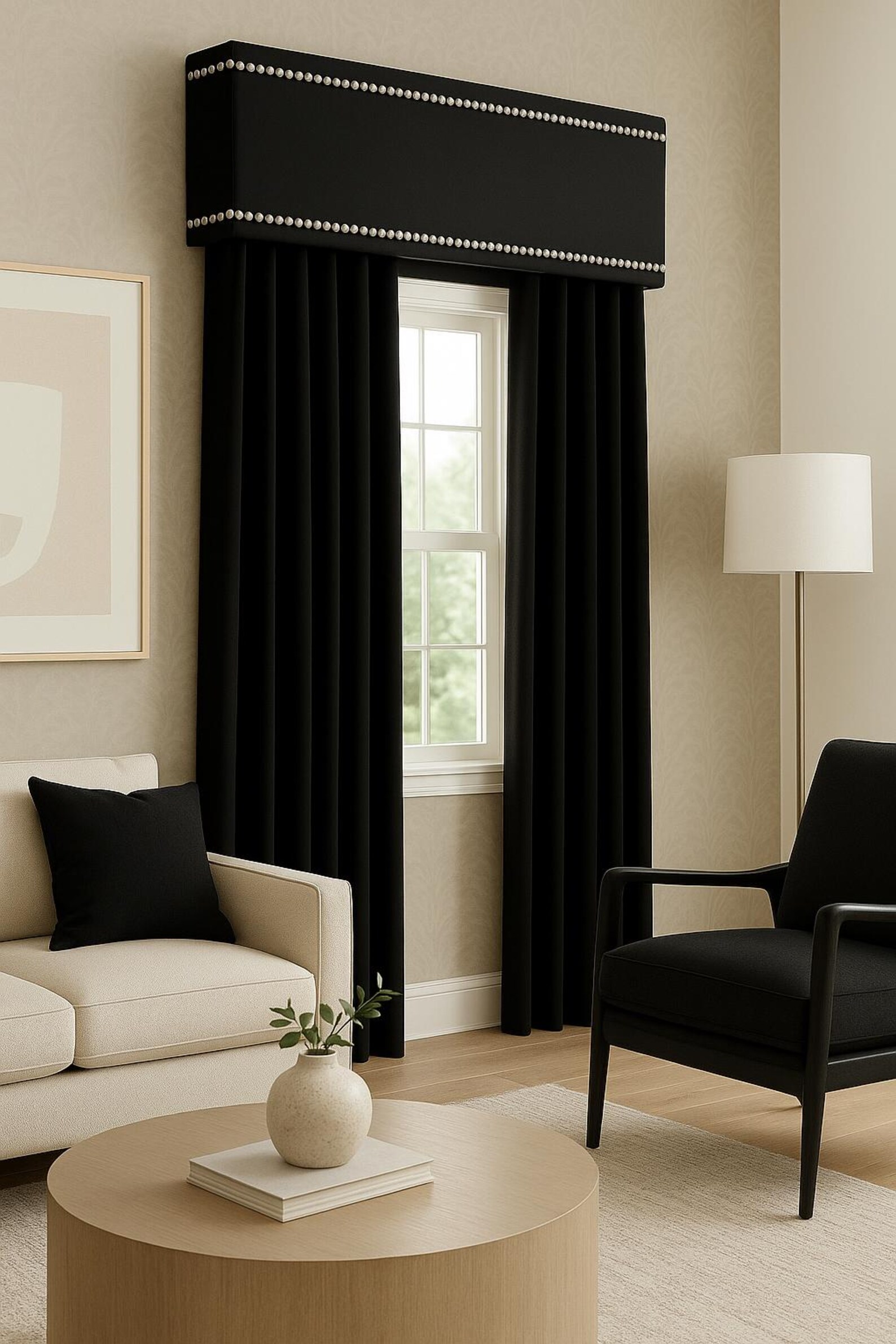 Custom Cornice Board Pelmet Box Window Treatment in Black With Silver