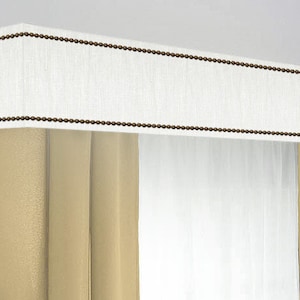 Custom Cornice Board Pelmet Box Window Treatment in White with Nailhead Trim - Custom Curtain Topper in Modern White Fabric Nail Head