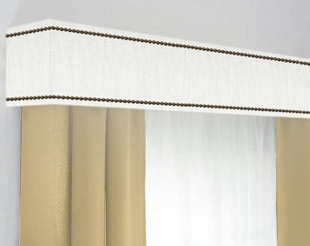 Custom Cornice Board Pelmet Box Window Treatment in White with Nailhead Trim - Custom Curtain Topper in Modern White Fabric Nail Head
