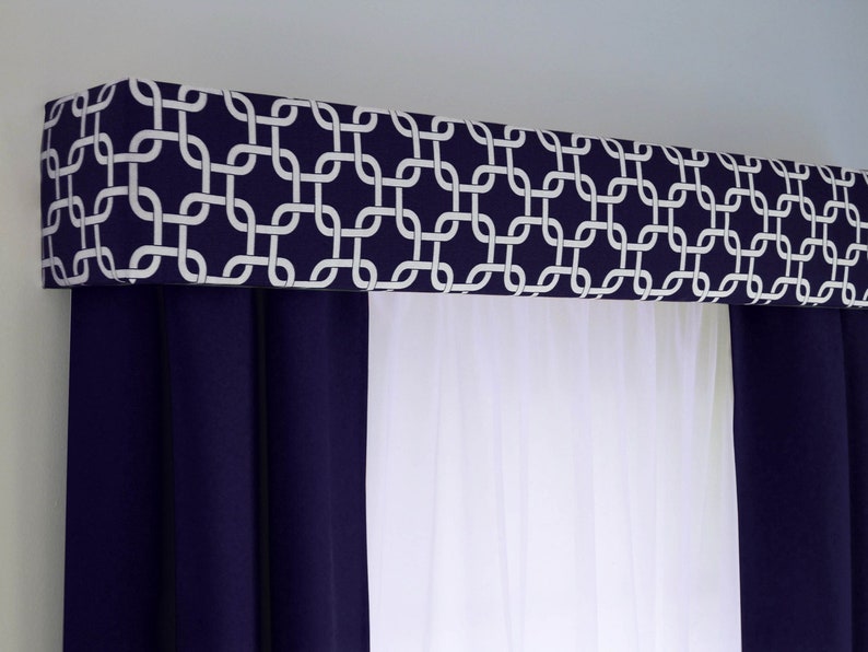 Navy Blue Geometric Cornice Board Valance Window Treatment - Custom Curtain Box Valence - Custom Cornice Valance by Designer Homes