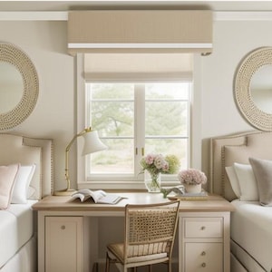 Window Cornice Board Valance Box Window Treatment in Coconut Beige with White Trim - Custom Cornice - Variety of Colors - Designer Homes