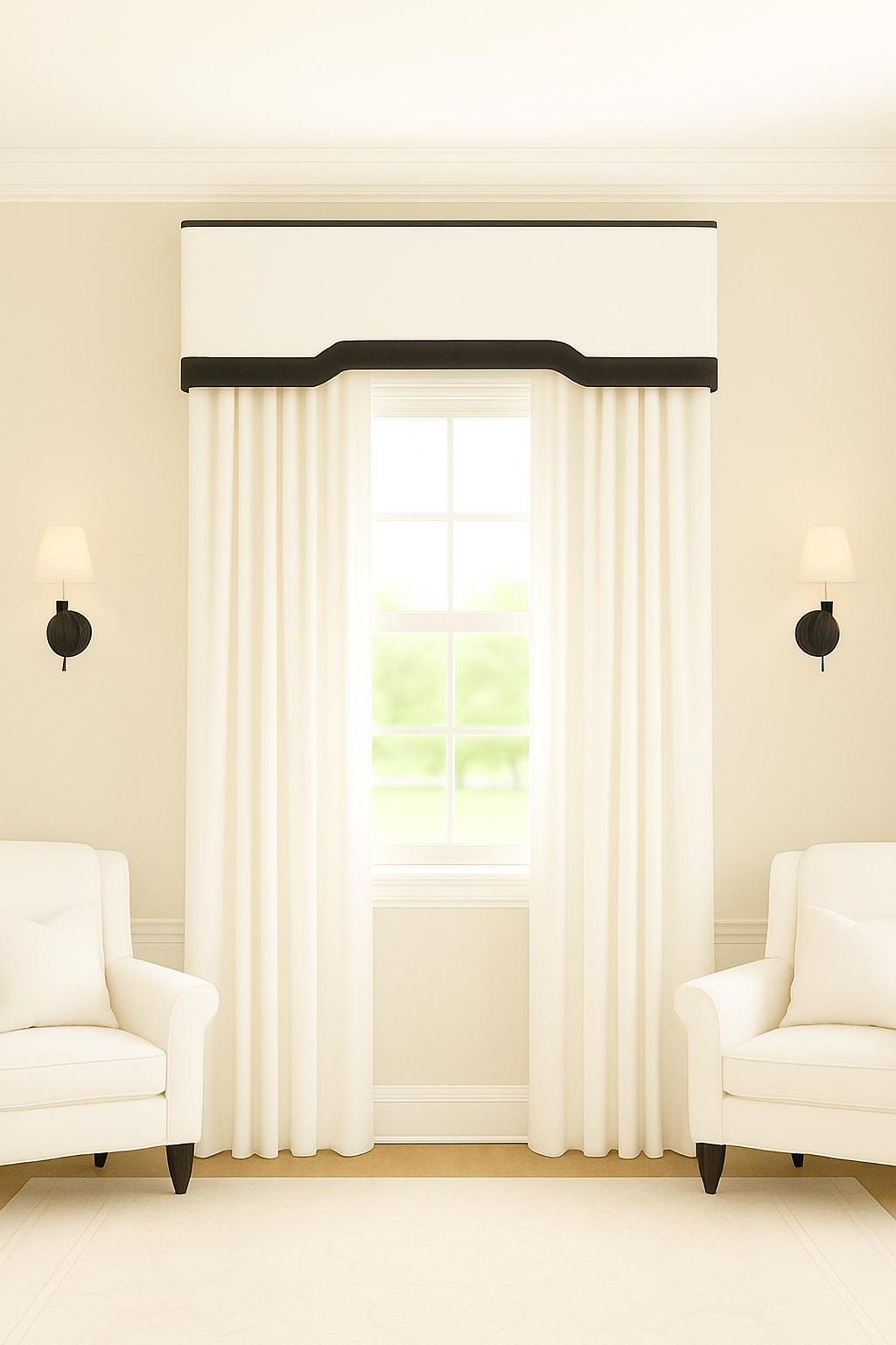 Custom Cornice Board Valance Box Window Treatment | Black and White