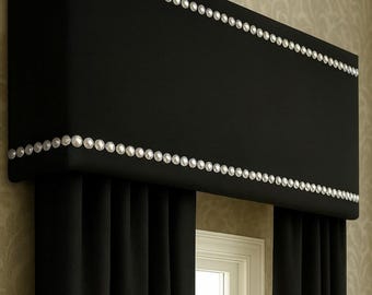 Custom Cornice Board Pelmet Box Window Treatment in Black with Silver Nailhead Trim - Custom Curtain Box in Modern Black with Nail Head