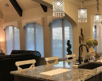 Custom Cornice Board Pelmet Box Window Treatment in White with Nailhead Trim - Custom Curtain Topper in Modern Fabric Nail Head