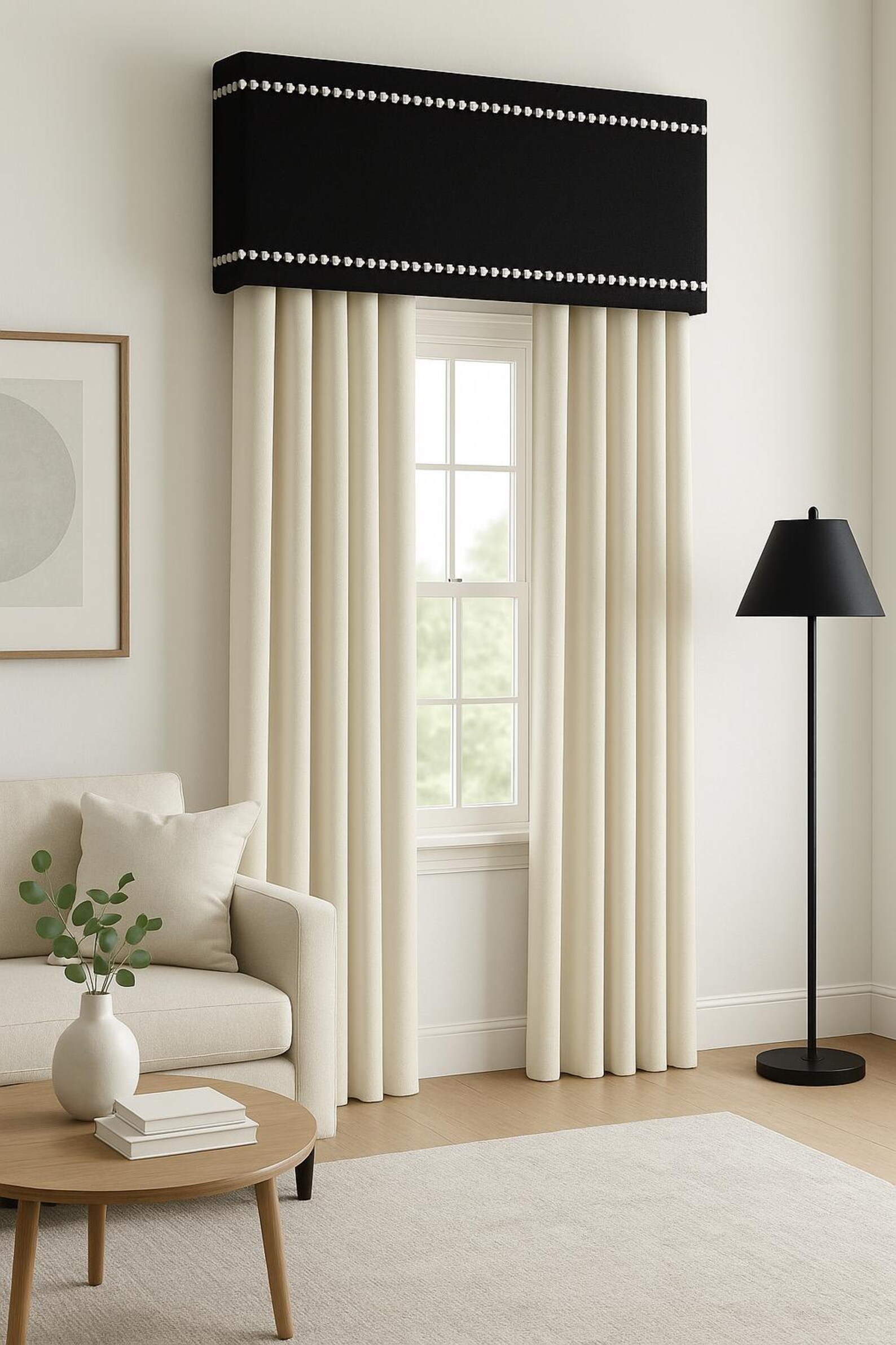 Custom Cornice Board Pelmet Box Window Treatment in Black With Silver