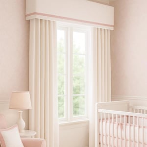 Cornice Board Nursery Valance Window Treatment | Ribbon Trimmed Valance Cornice | Gray White Nursery Window Cornices by Designer Homes