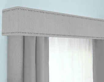 Custom Cornice Board Pelmet Box Window Treatment Gray with Nailhead Trim - Custom Valance Box