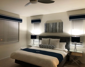 Cornice Board Valance Pelmet Box Window Treatment in Navy with White Ribbon Trim - Custom Curtain Topper Box Valance