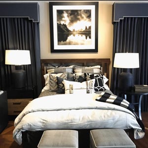 Custom Cornice Board | Window Pelmet | Window Cornice | Custom Cornice | Valance Box | Navy Valance Window Treatments by Designer Homes