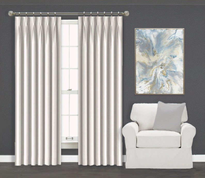 White Curtains Cotton Lined Set of 2 Cotton Curtains French Pinch-Pleat Drapery Panels Window Treatments by Designer Homes image 1